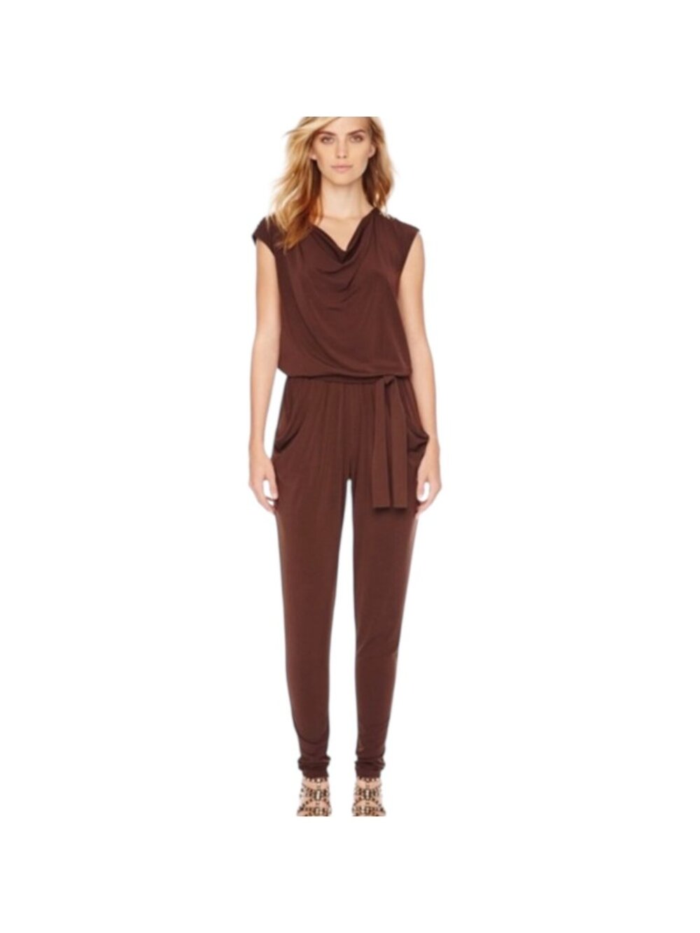 MICHAEL Michael Kors NWT $160 Women's Brown Jumpsuit Gold Beaded Shoulder Size S